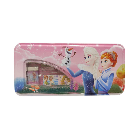 Metal Pencil Box with Two Floors, Sharpener, 2 Pencils, Scale & Eraser – Cartoon Design