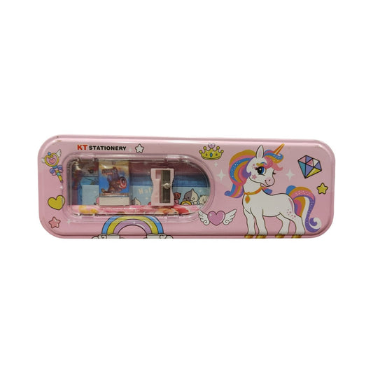 Metal Small Pencil Box with Sharpener, Pencil, Scale, Eraser & Cartoon Design