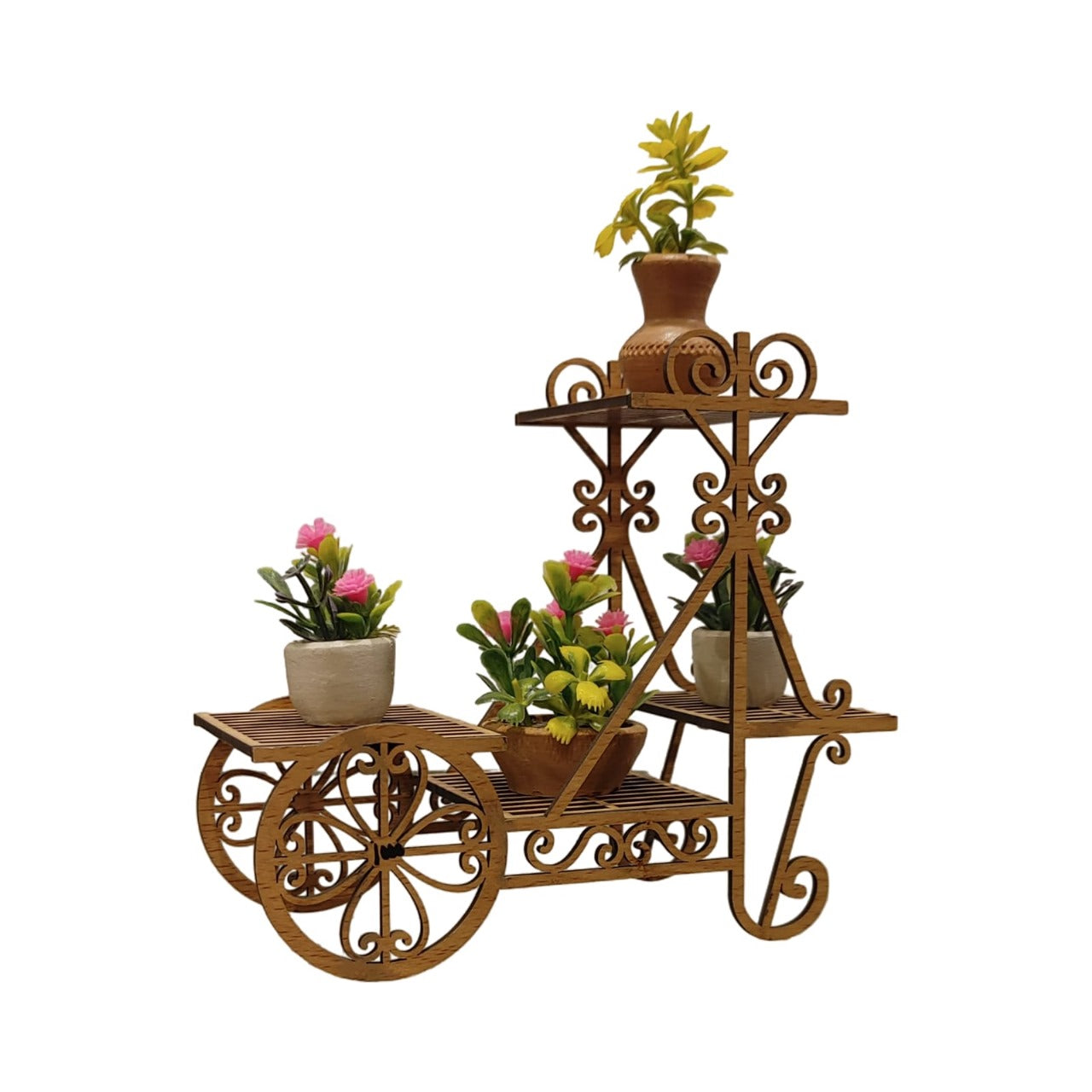 Small Wooden Flower Trolley Decoration Piece – Mini Floral Cart for Tabletop Décor